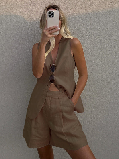 Cotton Linen Vest Shorts Set Summer Office Vest Shorts Set