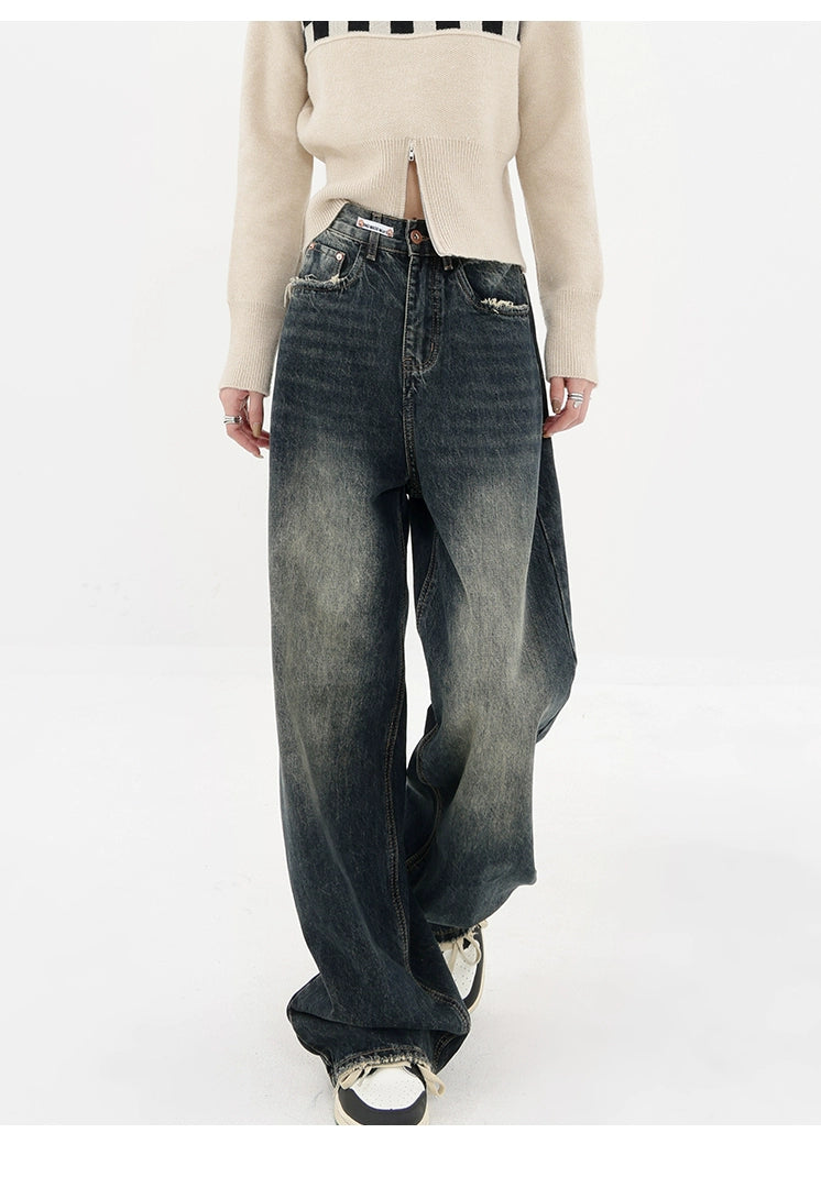 High Street Deep Blue Wide-leg Denim Pants