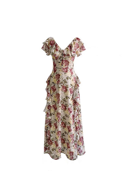 French Court-style Maxi Dress Ruffled Off-shoulder Chiffon Dream Gunne Sax Dress
