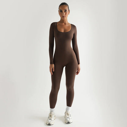 Soft High Elastic Long Sleeve Tights U Collar Stitching Trousers Jumpsuit