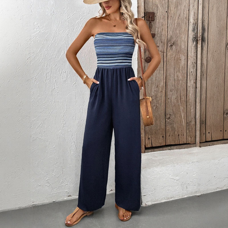 Summer Simple Jumpsuit Elastic Patchwork Stripes Jumpsuit
