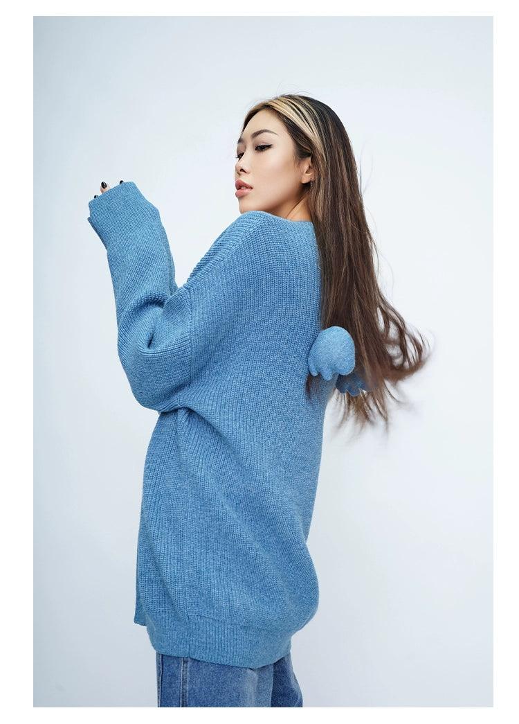 Oversized Fuzzy Cardigan With Pom-pom Detail
