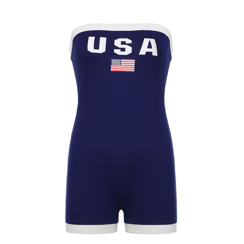 Sports Romper Summer Letter Graphic Print Contrast Color Horizontal Bra Tight Jumpsuit for