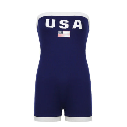 Sports Romper Summer Letter Graphic Print Contrast Color Horizontal Bra Tight Jumpsuit for