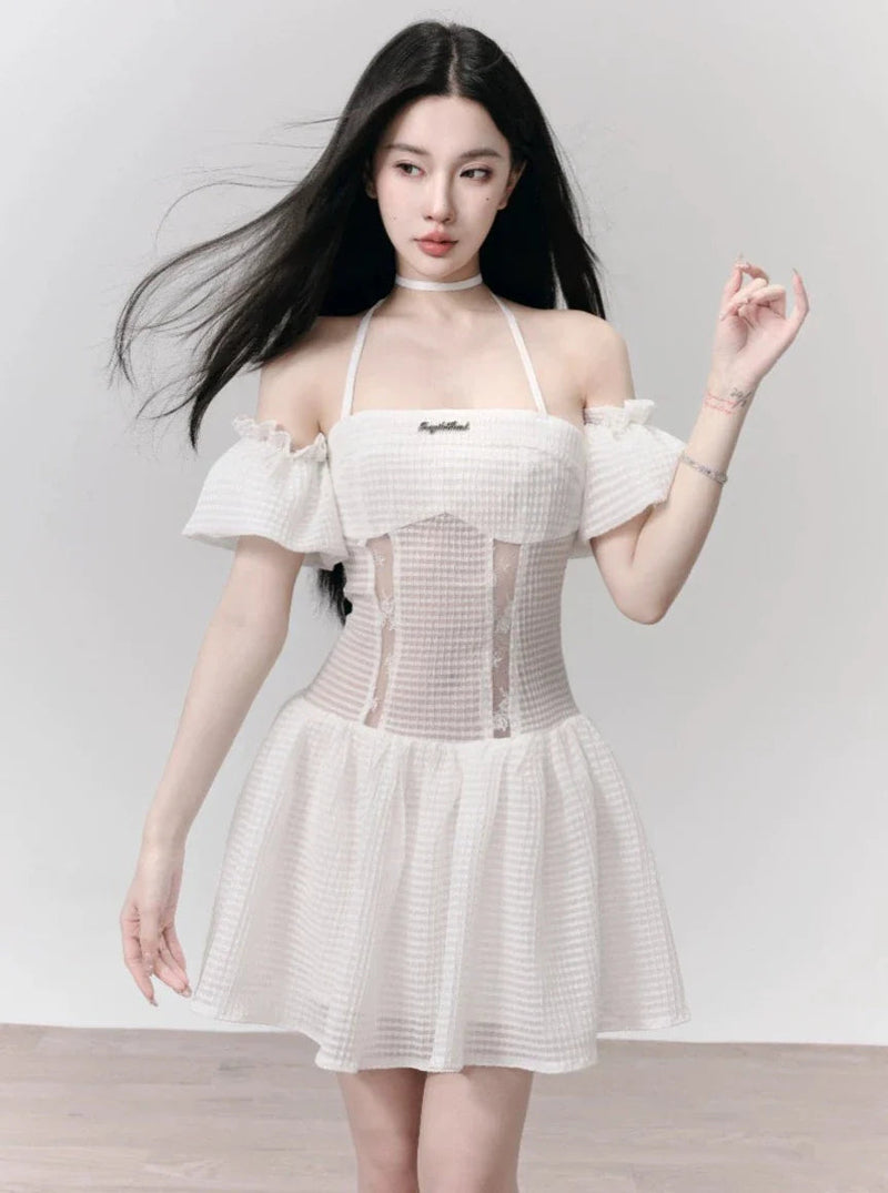 White Eyelet Lace Off-shoulder Mini Dress With Choker Neck Detail