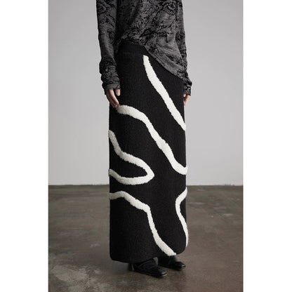 White Striped Black Knit Straight Skirt
