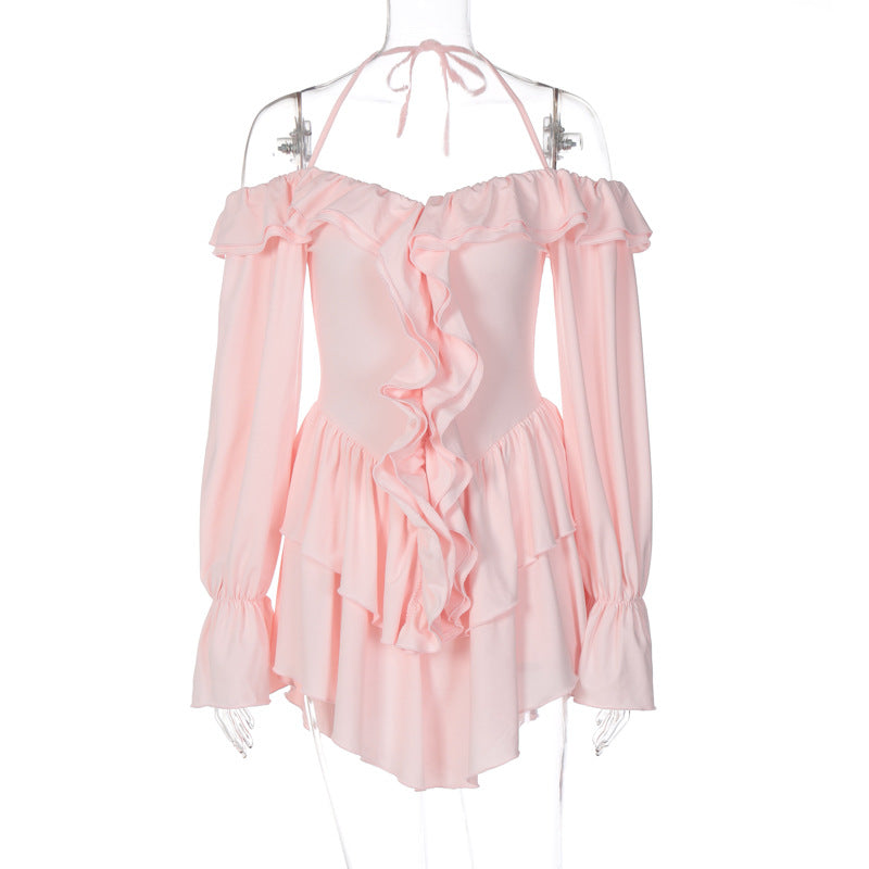 Clothing Autumn Halter Low Cut Ruffled Long Sleeve Romper