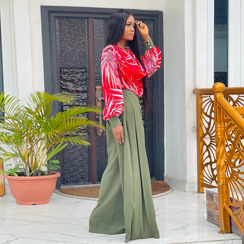 Clothing Spring Print Lantern Sleeve Shirt Wide Leg Work Pant Suit