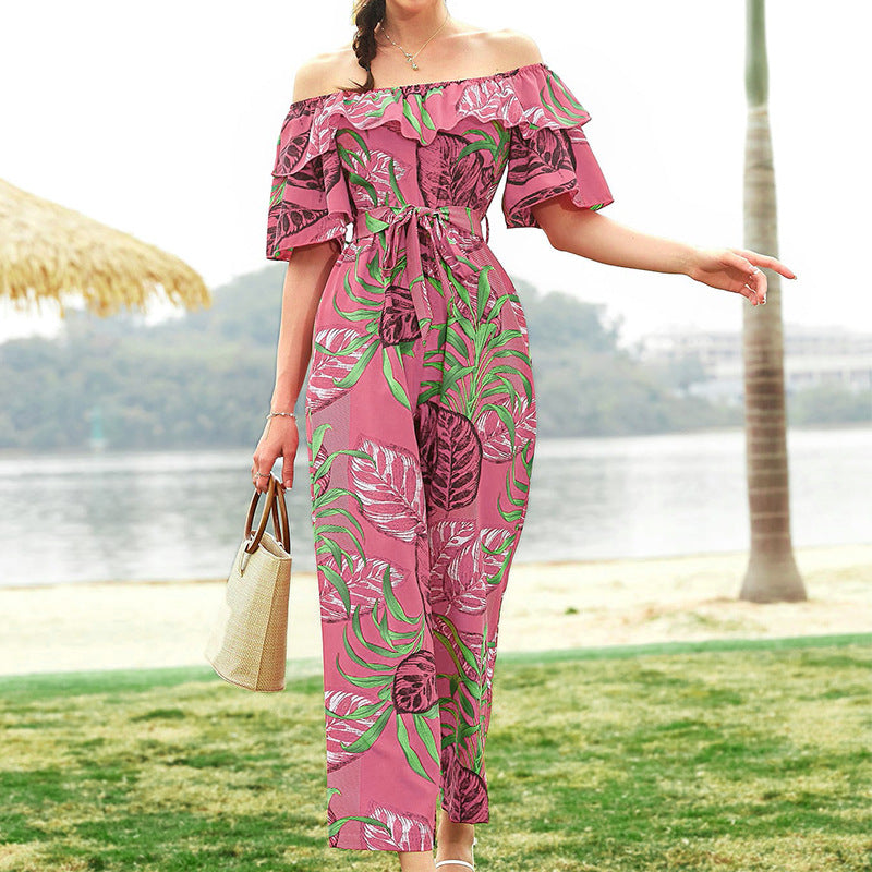 Clothing Off-shoulder Jumpsuit Summer Short Sleeve Chiffon Vacation Beach Jumpsuit