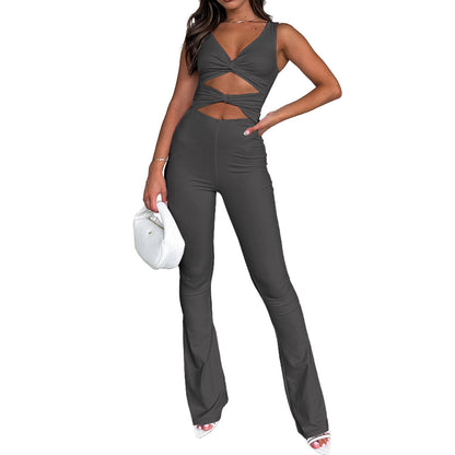Clothing Color Slimming Hollow Out Cutout Twist One Piece Bell Bottom Pants Jumpsuits
