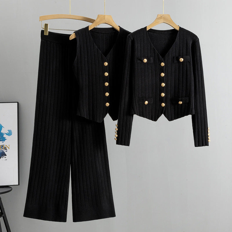 Korean Slim Fit Chanel Wide Leg Pants Sweater Three Piece Set Spring Autumn Vest Knitted Cardigan Suit
