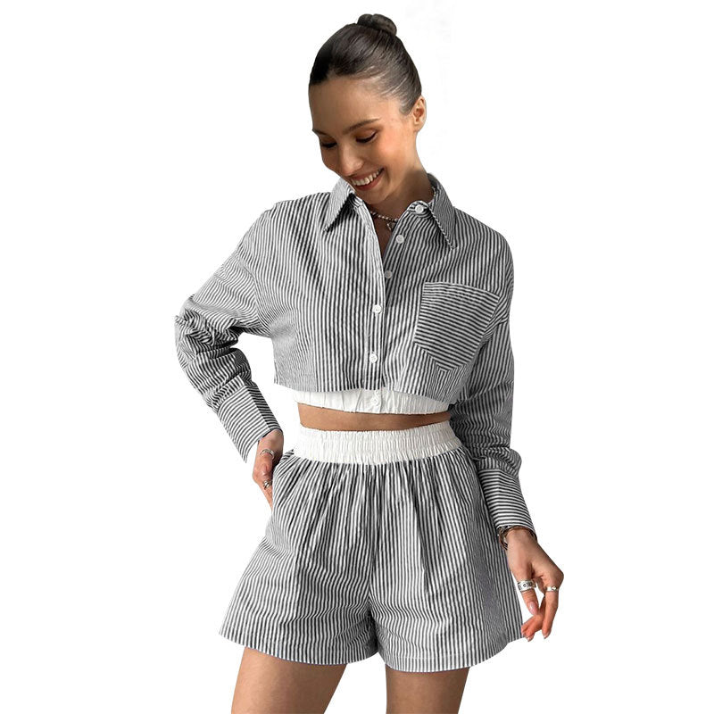 Striped Shirt Long Sleeve Two Piece Set Elastic Waist Shorts Suit Summer