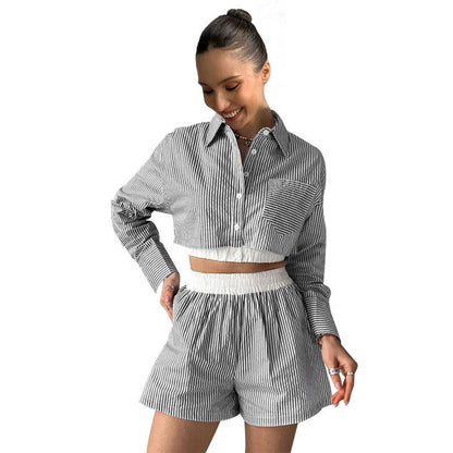 Striped Shirt Long Sleeve Two Piece Set Elastic Waist Shorts Suit Summer