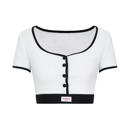 Black and White Contrast Trim Crop Top and Shorts Set