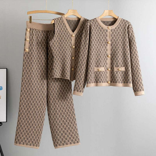 Khaki – Knit Vest Cardigan Three Piece Set