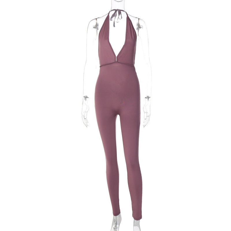 Summer V Neck Tether Halter Pleated Backless Sports Slim Fitting Jumpsuit