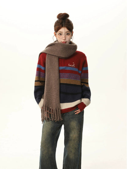 Red Color-block Striped Knit Sweater