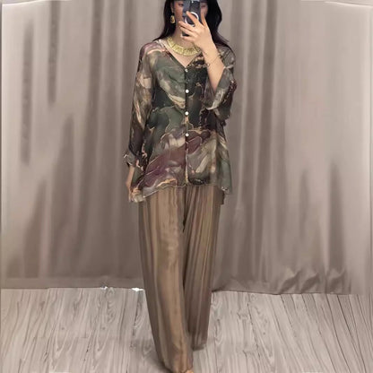 Spring Hand Painted Printed Shirt Top Wide Leg Pants Two Piece Clothing