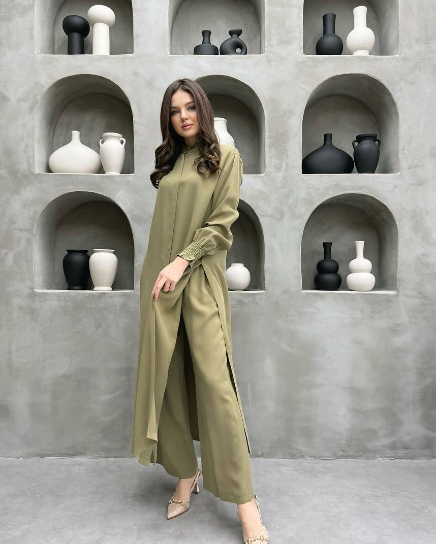 Clothing Multi Button Long Sleeve Split Stand Collar Shirt Straight Pants Two Piece Set