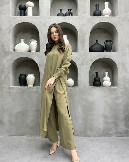 Clothing Multi Button Long Sleeve Split Stand Collar Shirt Straight Pants Two Piece Set
