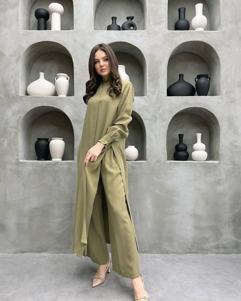 Clothing Multi Button Long Sleeve Split Stand Collar Shirt Straight Pants Two Piece Set