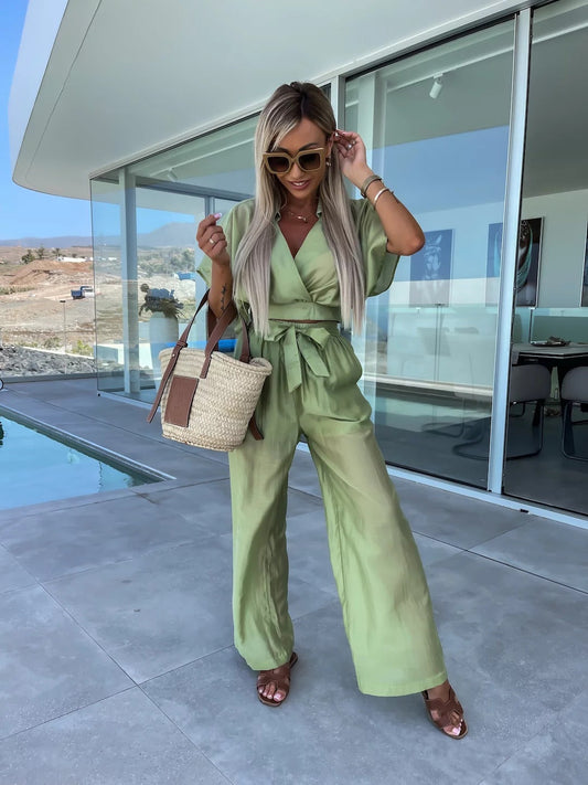 Spring Summer Comfort Deep V Plunge Neck Color Silk Waist Lace Up Straight Leg Pants Suit