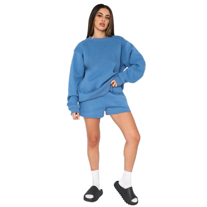 Cotton Autumn Winter Color Round Neck Pullover Long Sleeve Sweater Shorts Set