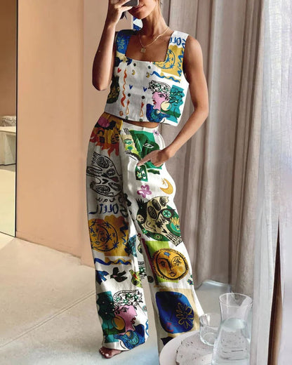 Printed Wide Leg Pants Vest Two Piece Set Amplified Craft
