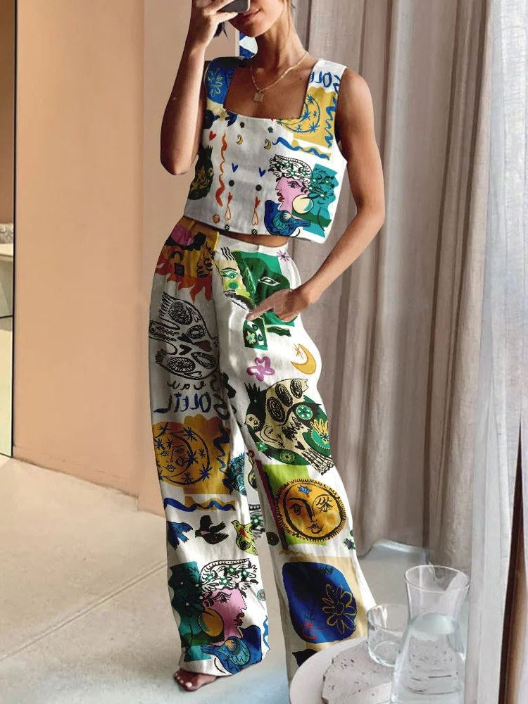 Abstract Print Wide Leg Pants & Vest Coord Set