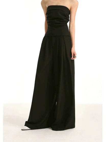 Black High-waisted Straight Cut Wide-leg Pants Set