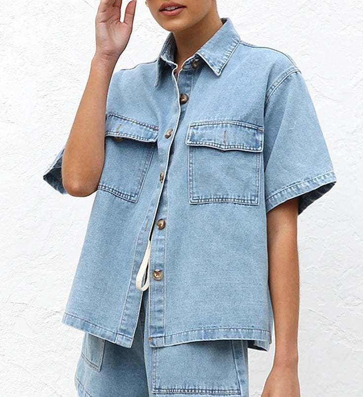 Retro Loose Pockets Short Sleeved Shirt Shorts Denim Two Piece Sets