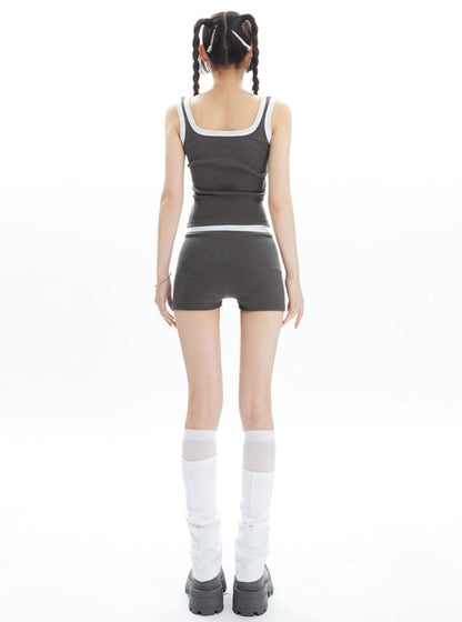 Black and White Contrast Trim Crop Top and Shorts Set