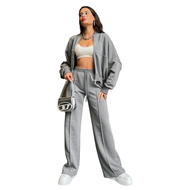 Autumn Winter Color Zipper Cardigan Sweater Straight Pants Set