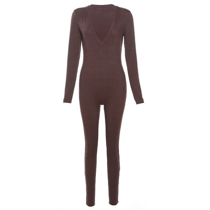 Fall Clothing Yoga Low Collar Color Long Sleeve Narrow Slim Long Jumpsuit