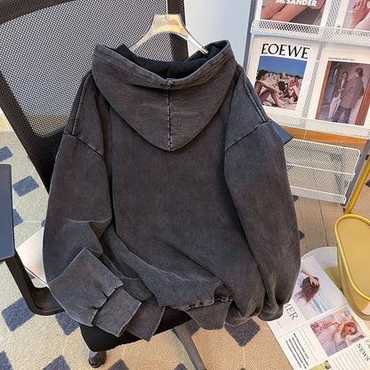 High Street Wash Pure Cotton Chinese Cotton Composite Hooded Sweatshirt Autumn Washed Distressed Waxed Top