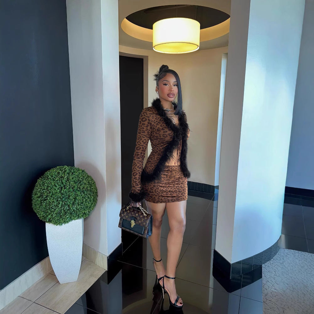 Furry Stitching Tied Cardigan Long Sleeved Top Leopard Print Skirt Set Two Piece Set