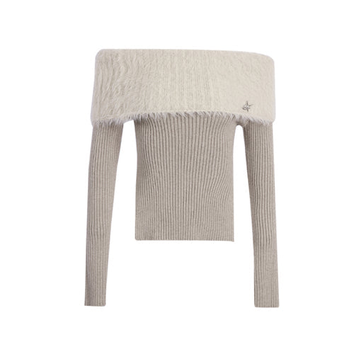 Thick Off-shoulder Mink Cashmere Knit Sweater