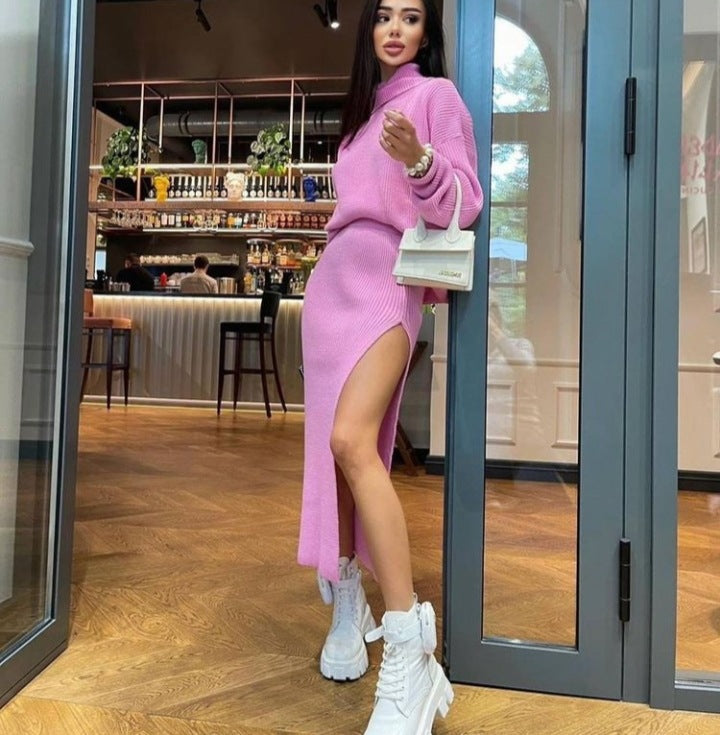 Turtleneck Loose Pullover Top Split Long Skirt Two-piece Set Winter