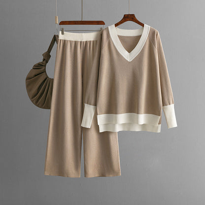 Set Autumn Winter V Neck Contrast Color Knitwear Loose Wide Leg Pants Two Piece Set