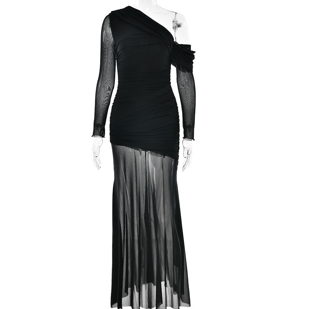 Dress Mesh Stitching Pleated Color Long Sleeve Slim Fit Maxi Dress