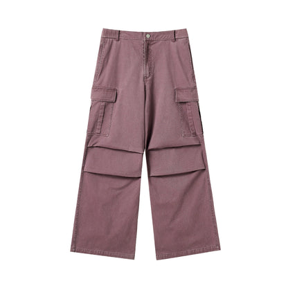 Washed Pleated Wide Leg Cargo Pants