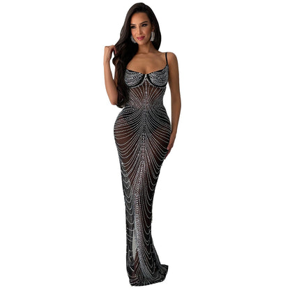Wear Color Mesh Drilling Sling Maxi Dress