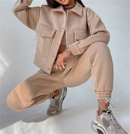 Autumn Winter Color Jacket Top Trousers Suit Long Sleeve Coat Sweatshirt Two Piece Set for