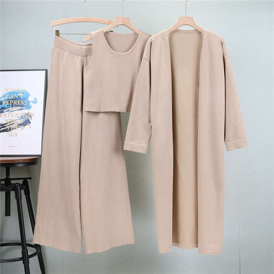 Khaki – Knit Shawl Cardigan Three Piece Set