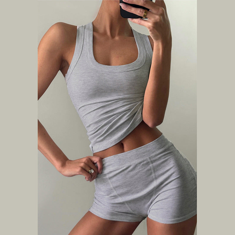 Clothing Autumn Round Neck Color Slim Fit I Shape Vest High Waist Shorts Suit