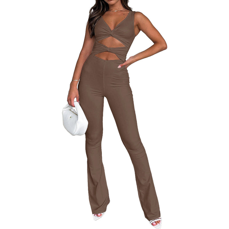 Clothing Color Slimming Hollow Out Cutout Twist One Piece Bell Bottom Pants Jumpsuits