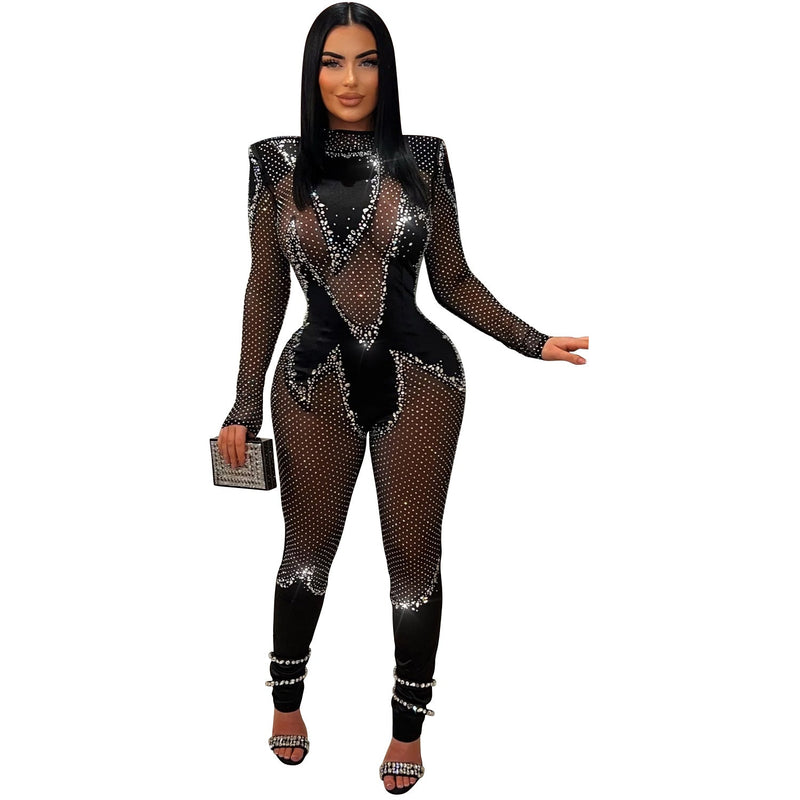 Mesh Rhinestone Long Sleeved Trousers Jumpsuit