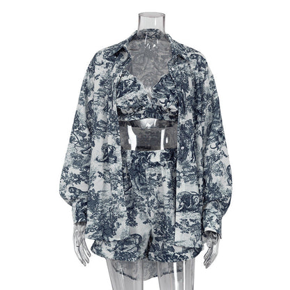 Clothing Shirt Suspender Shorts Suit National Ink Printing Three Piece Set