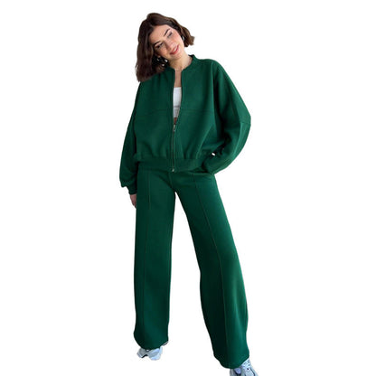 Autumn Winter Color Zipper Cardigan Sweater Straight Pants Set