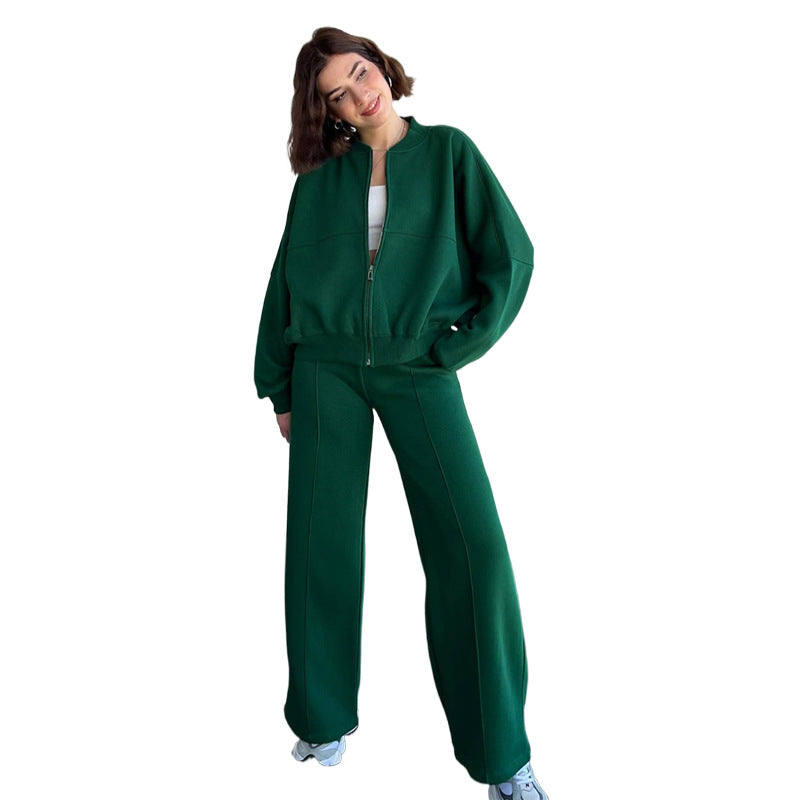 Autumn Winter Color Zipper Cardigan Sweater Straight Pants Set